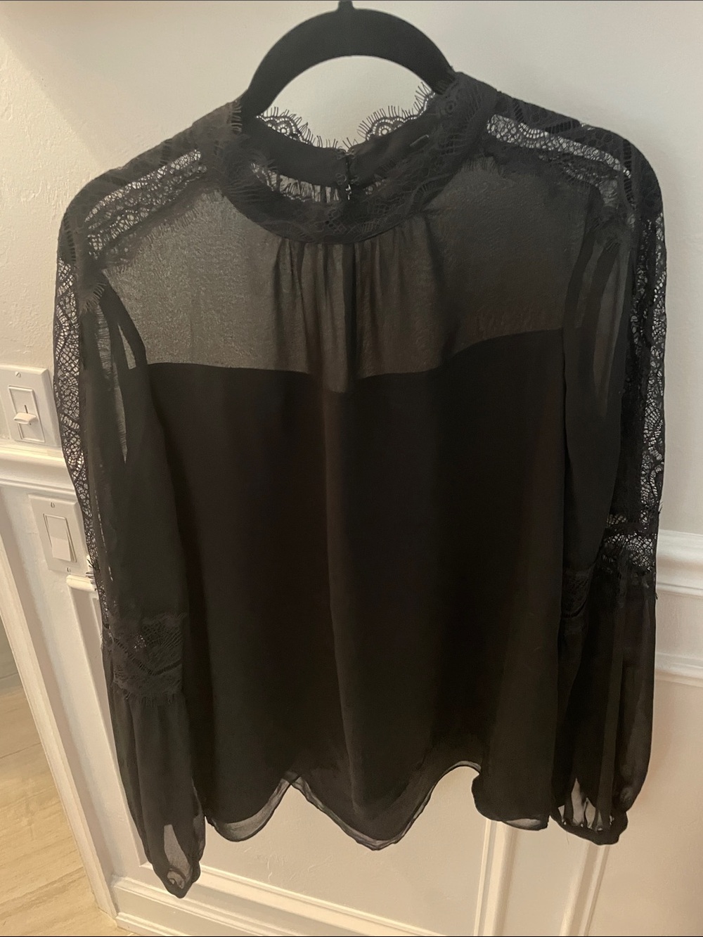 White House Black Market Black Sheer Lace Yoke Long Sleeve Blouse